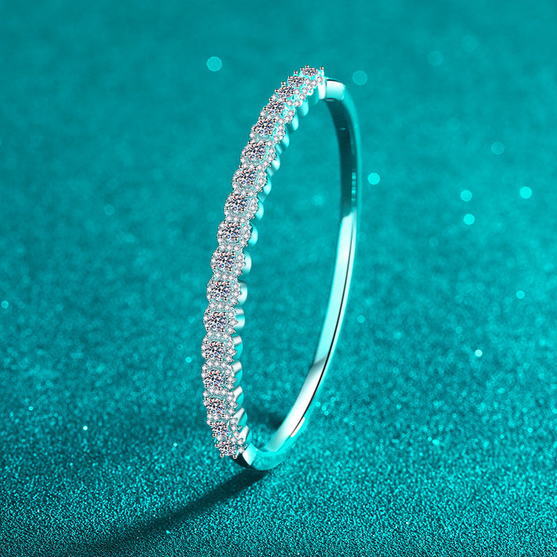 Zodiac Botanical Bangle 2.48ct Moissanite 46x56mm Camellia Tree Red Bean 925 Silver Rhodium