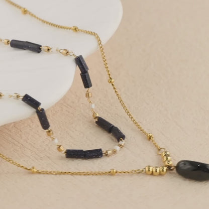 Layered Shawl Chain Necklace with Rice Beads and Gemstone Pendant