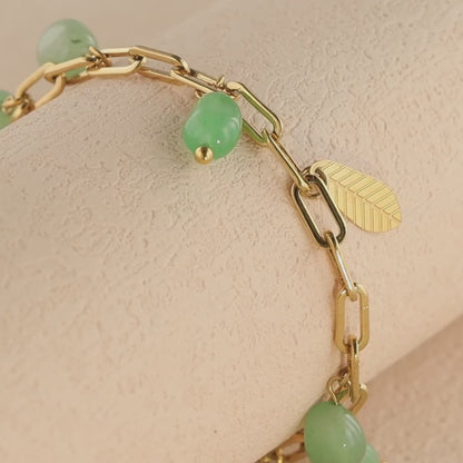 Green Stone Bracelet with Leaf Pendant