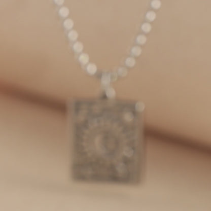 Buddha bead chain with square pendant of sun and moon