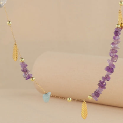 Stainless Steel O-Chain Necklace with Purple Stone Pendant and Leaf Accents