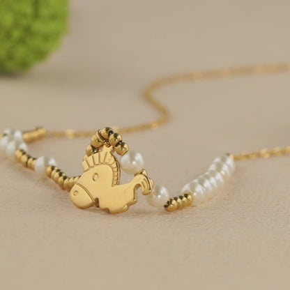 Stylish O-chain Necklace with Horse Pendant Pearls and Metal Beads